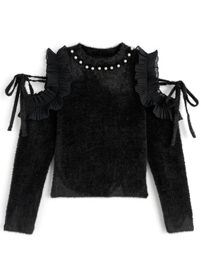 ショルダーオープンフリルリボンパールシャギーニットトップス