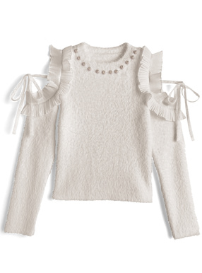 ショルダーオープンフリルリボンパールシャギーニットトップス