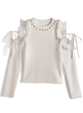 ショルダーオープンフリルリボンパールシャギーニットトップス