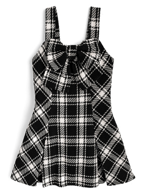 チェック柄ツイードビッグリボンミニワンピース