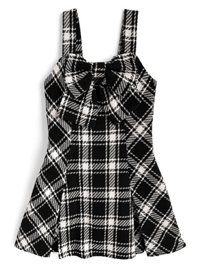 チェック柄ツイードビッグリボンミニワンピース