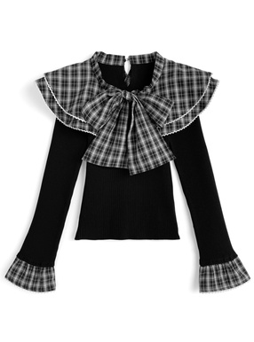 チェック柄フリルリボンカラードッキングニットトップス
