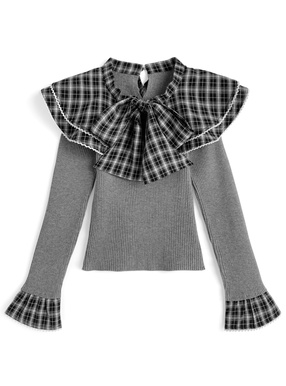 チェック柄フリルリボンカラードッキングニットトップス