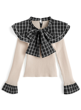 チェック柄フリルリボンカラードッキングニットトップス