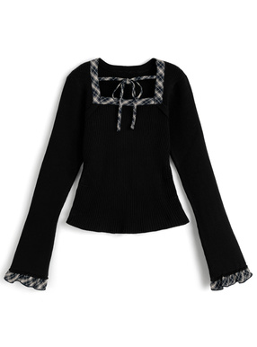 チェック柄リボンリブニットトップス