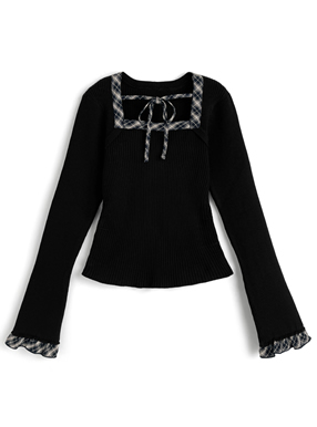 チェック柄リボンリブニットトップス