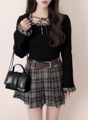 チェック柄リボンリブニットトップス