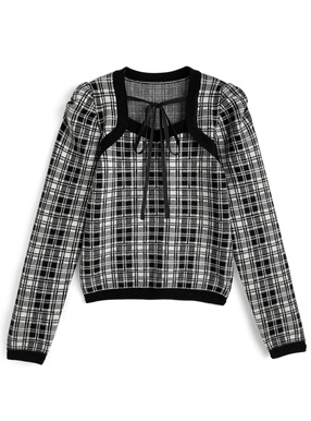 チェック柄フロントリボンニットトップス
