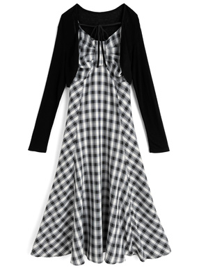 チェック柄リボンキャミソールワンピース×ボレロアンサンブル