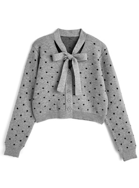 ドット柄リボンタイニットカーディガン