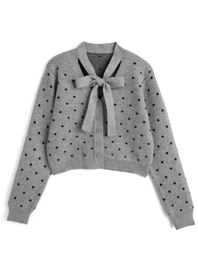 ドット柄リボンタイニットカーディガン