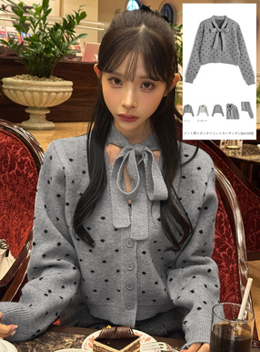 ドット柄リボンタイニットカーディガン