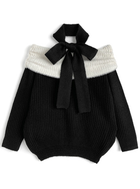 タイ付き配色シャギーオフショルダーニットトップス