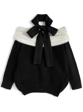 タイ付き配色シャギーオフショルダーニットトップス