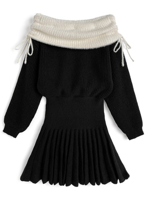 配色シャギーオフショルダーニットプリーツミニワンピース