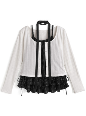 タイ付きドット柄フリルキャミソール×カーディガンアンサンブル