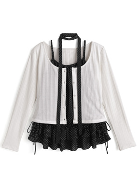 タイ付きドット柄フリルキャミソール×カーディガンアンサンブル