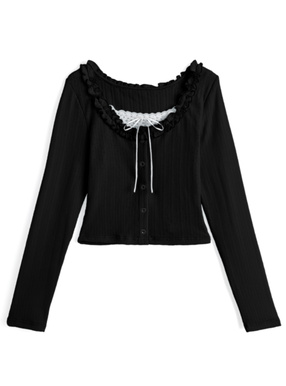 小花柄レイヤード風リボンフリルトップス