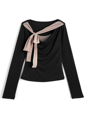 チェック柄レイヤード風リボンドレープトップス