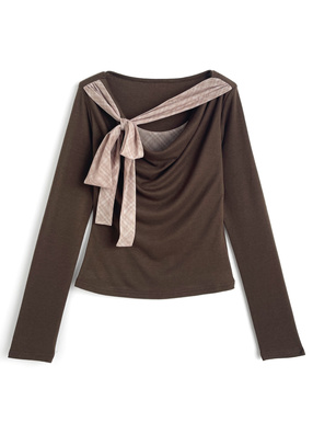 チェック柄レイヤード風リボンドレープトップス