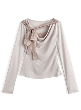 チェック柄レイヤード風リボンドレープトップス