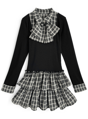 リボン付きチェック柄ドッキングティアードフリルミニワンピース