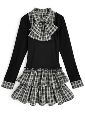 リボン付きチェック柄ドッキングティアードフリルミニワンピース