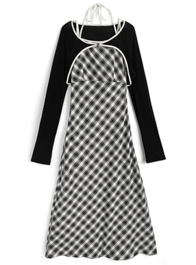 チェック柄ホルターネックワンピース×シアーボレロアンサンブル