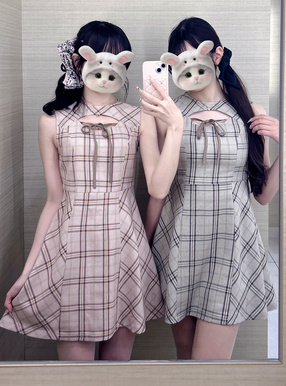 チェック柄フロントオープンノースリーブミニワンピース