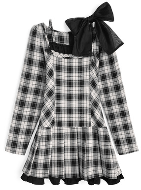 リボン付きチェック柄フリルミニワンピース
