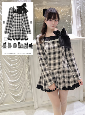 リボン付きチェック柄フリルミニワンピース