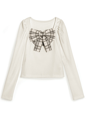 チェック柄リボンリブトップス