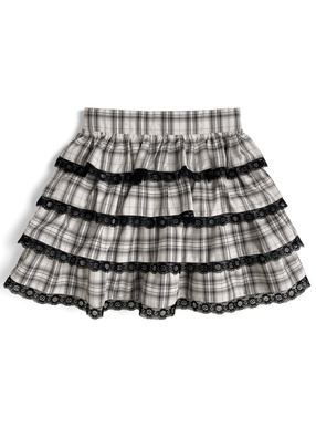 インパン裏地付きチェック柄レースティアードミニスカート