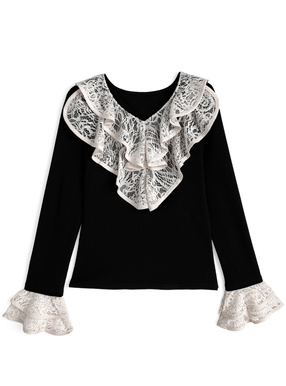 レースカラーフリルリブトップス