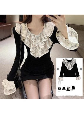 レースカラーフリルリブトップス