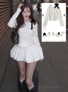 ドット柄ワンショルダーリボントップス