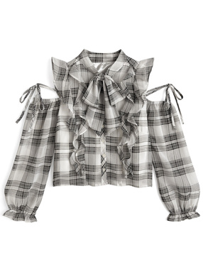 チェック柄ショルダーオープンボウタイフリルシアーブラウス