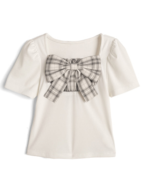 チェック柄リボンドッキングリブトップス