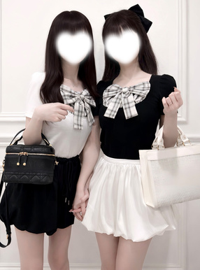 チェック柄リボンドッキングリブトップス