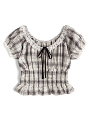チェック柄リボンレースシャーリングブラウス
