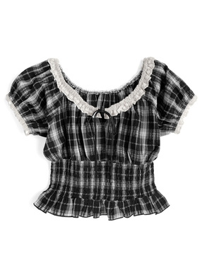 チェック柄リボンレースシャーリングブラウス