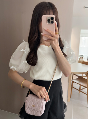 チュールスリーブリボンニットトップス