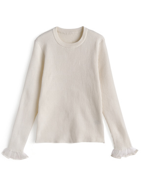 袖シアーフリルリブニットトップス