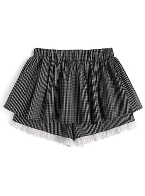 チェック柄レースドッキングミニスカートパンツ