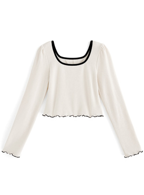 スクエアネック配色メロウショート丈トップス