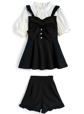 リボンフレアワンピース×ショートパンツセットアップ
