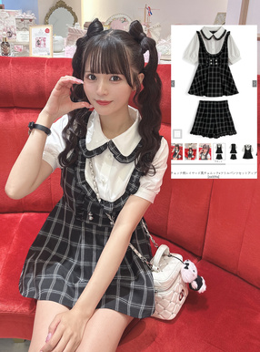 チェック柄レイヤード風チュニック×フリルパンツセットアップ