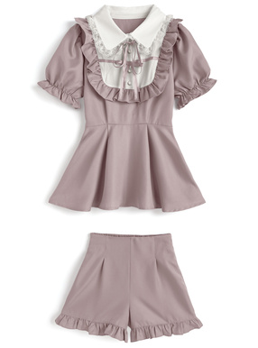 リボン付きフリルリボンチュニック×フリルパンツセットアップ