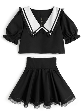 レースリボンカラーブラウス×レースミニスカートセットアップ