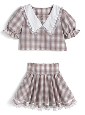 チェック柄レースリボンカラーブラウス×レースミニスカートセットアップ